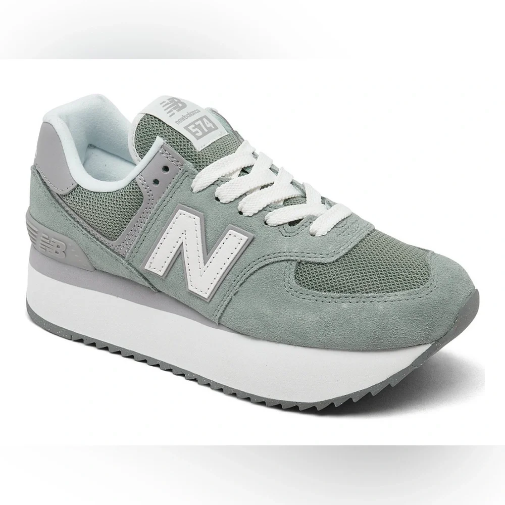 New Balance 574+ Women’s 10 Juniper Green Platform Sneakers WL574ZSG EUC - Picture 1 of 10